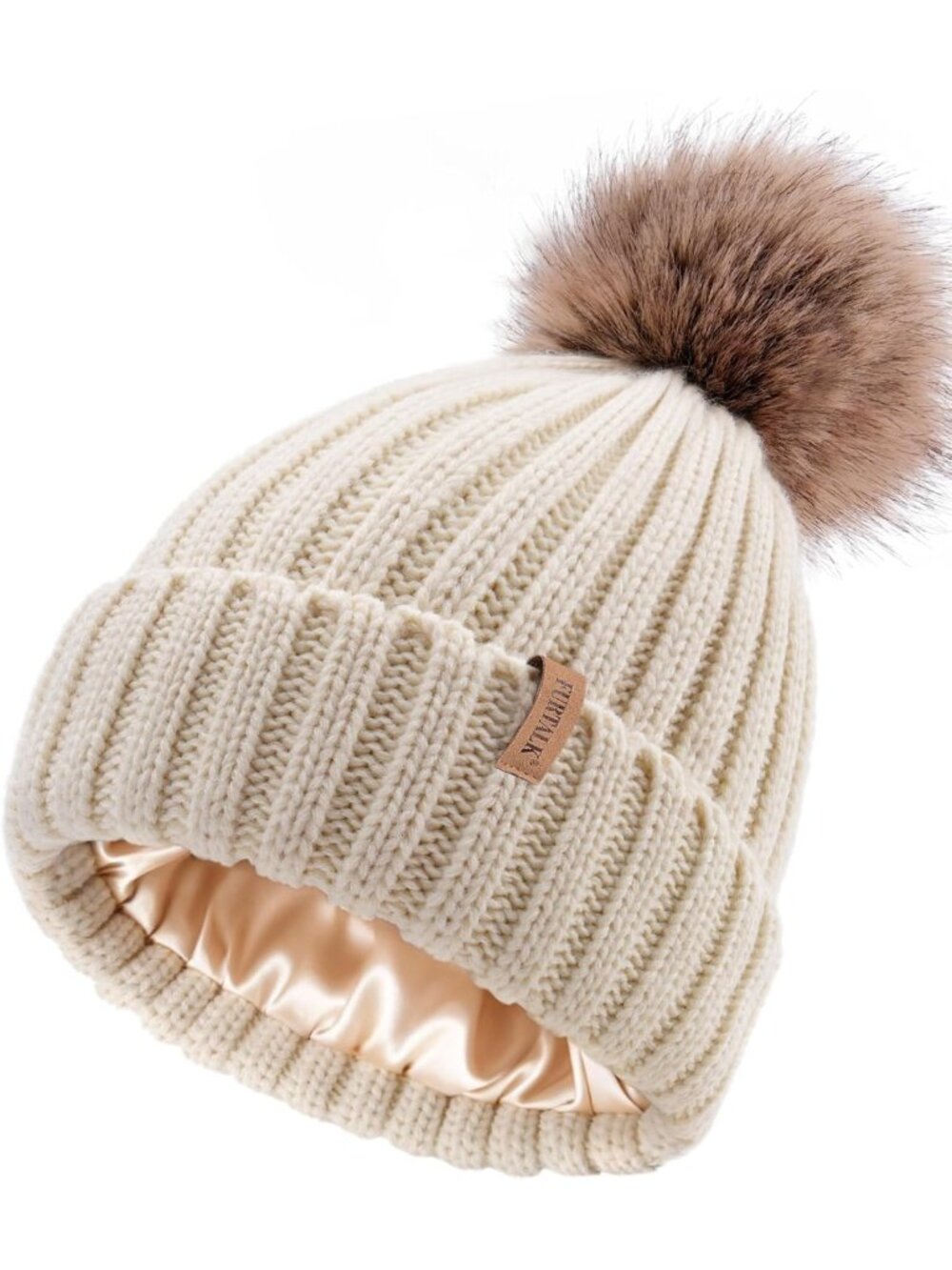 Cozy Winter Beanie Hat with Satin Lining & Faux Fur Pom Pom - Warm Knit for
